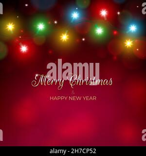 Farbenfrohe weihnachtslichter. Frohe Weihnachten Frohe Weihnachten Grußkarte für das neue Jahr. Leuchtet rot auf dem Hintergrund. Strahlende Weihnachtsgirlande. Vektorurlaub Stock Vektor