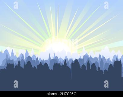 Kleine Stadt Straßen Silhouette. Dächer von Häusern. Sun. Landschaft auf dem Land. Flache Cartoon-Stil. Illustration. Vektorgrafiken Stock Vektor