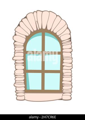 Bogenfenster. Rechteckiger Rahmen mit runder Oberseite. Steinoberfläche. Mit einer Fensterbank. Isoliertes Objekt auf weißem Hintergrund. Cartoon-Stil. Flaches Design. Vektor Stock Vektor