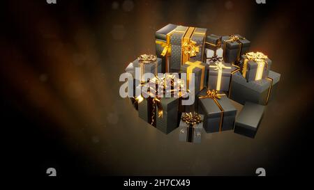 Glänzender Stapel von Geschenk-Boxen für schwarzes freitag-Giveaway auf dunklem bg - abstrakte 3D Illustration Stockfoto