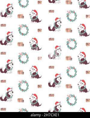Weihnachten Hintergrund mit Kränzen und Hunden. Vektor-Nahtloses Muster in flachem Stil. Stock Vektor