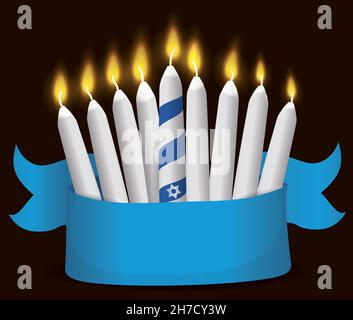 Design für Hanukkah mit neun brennenden Kerzen hinter einem leeren blauen Band auf dunklem Hintergrund. Stock Vektor