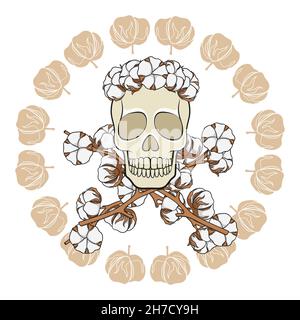 Schädel in einem Kranz aus Baumwollknospen mit gekreuzten Baumwollzweigen. Isolierte Vektorobjekte auf weißem Hintergrund. Stock Vektor