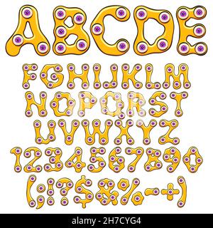 Alphabet, Buchstaben, Zahlen und Zeichen von orangefarbenem Schleim mit violetten Augen für Halloween. Satz isolierter Vektorobjekte auf weißem Hintergrund. Stock Vektor