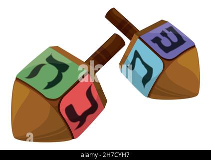 Zwei Dreidels - ein vierseitiger Kreisel - mit traditionellen hebräischen Buchstaben, um sich während der Chanukka mit Kindern und Freunden zu amüsieren. Stock Vektor