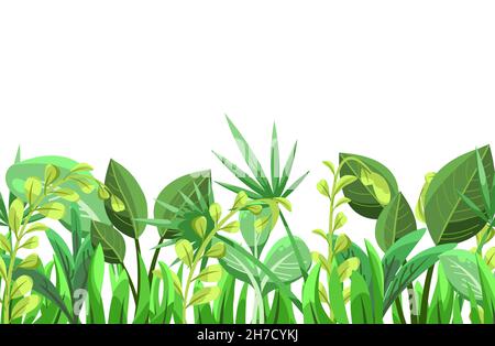 Tropische Kräuter und Sträucher. Dschungelwiese. Sprosse von Palmen und schönes Sommerwetter. Isoliert auf weißem Hintergrund. Witziger Cartoon-Stil. Grün Stock Vektor