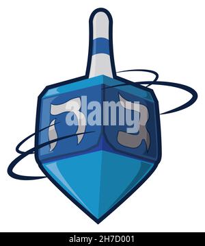 Drehendes blaues Dreidel - oder Teetotum - mit hebräischen Buchstaben zum Spielen und Feiern während der Chanukka-Feiertage. Design im Cartoon-Stil mit auffälligen Umrissen. Stock Vektor