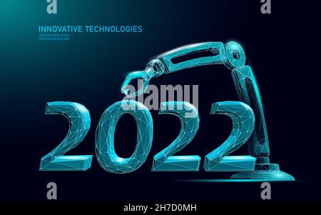 2022 Neujahr 3D Metall Eis Textur. Industrieller Roboterarm. Technologie glühende Form blau dunkel Neon Zahl Illustration. Feier Dekoration Stahl Stock Vektor