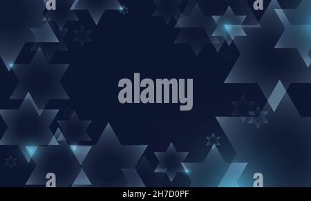 Abstraktes Banner mit Sternen von sechs Punkten - oder Sternen von David - und leuchtet auf dunkelblauem Hintergrund. Stock Vektor