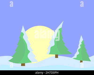 Winterlandschaft im Stil des Minimalismus. Schneebedeckte Hügel und Berge mit Tannen. Verschneite, wellige Landschaft. Design für Drucke und Poster, pro Stock Vektor