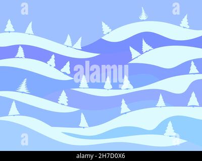 Winterlandschaft im Stil des Minimalismus. Schneebedeckte Hügel und Berge mit Tannen. Verschneite, wellige Landschaft. Design für Drucke und Poster, pro Stock Vektor