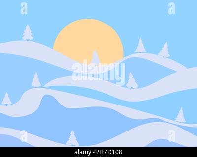 Winterlandschaft im Stil des Minimalismus. Schneebedeckte Hügel und Berge mit Tannen. Verschneite, wellige Landschaft. Design für Drucke und Poster, pro Stock Vektor