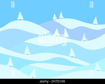 Winterlandschaft im Stil des Minimalismus. Schneebedeckte Hügel und Berge mit Tannen. Verschneite, wellige Landschaft. Design für Drucke und Poster, pro Stock Vektor