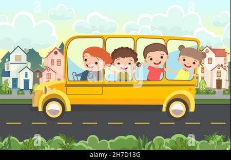 Gelber Bus. Cartoon Kinder Illustration. Kinder im Urlaub. Stadtlandschaft mit Vorstadtstraße. Automobiltourismus. Kinder auf Reisen. Spaß und Stock Vektor