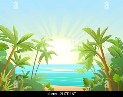 Strand am Meer. Sommerlandschaft. Weit weg ist der Ozeanhorizont. Ruhiges Wetter. Blick vom Regenwald. Flache Illustration. Vektor. Stock Vektor