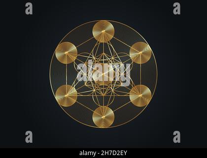 Gold Metatrons Cube, Blume des Lebens. Heilige Geometrie, grafische geometrische Elemente. Mystische Ikone platonische Körper, abstrakte geometrische Zeichnung, Kornkreis Stock Vektor