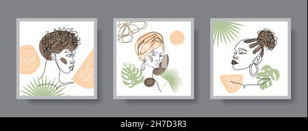 Dunkelhäutig schöne Frauen Kunstset. Afro-Frisur, lockiges Haar, schwarzes Gesicht mit Palmenblättern. Vektor afrikanische Porträts Stock Vektor