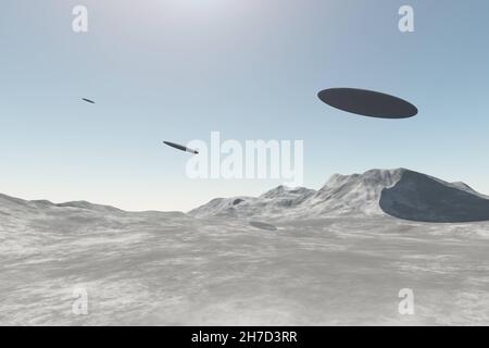 UFO-Alien-Raumschiffe fliegen bei Tageslicht über Berge. 3D Darstellung von drei nicht identifizierten fliegenden Objekten Stockfoto