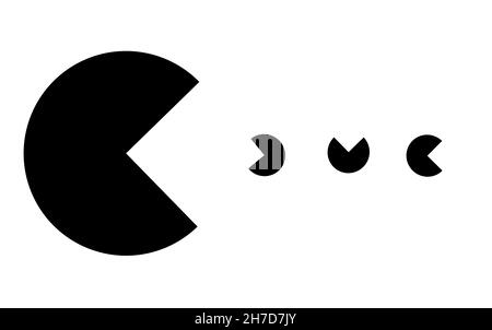 PAC-man Eating Small Pac-Men schwarz-weiß thematische Illustration, Retro-Spiele schreiben Stockfoto