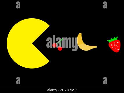 Vegetarische Pac-man essen Obst, berühmte Videospiel Thema Illustration Stockfoto