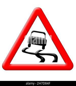 Rutschiges Straßenverkehrsschild isoliert auf weißem Hintergrund Stockfoto
