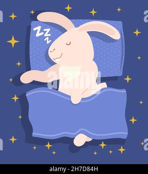 Kaninchen, Hase, schläft ruhig auf Kissen, bedeckt mit Decke und Träumen. Osterabend. Festliche Vektorgrafik für Kinder Stock Vektor
