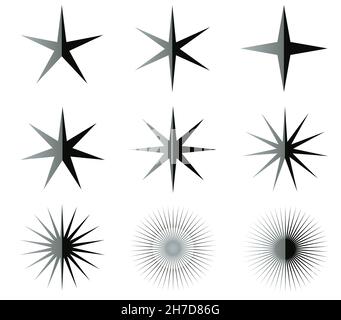 Schwarz-weiße Sterne-Illustration, isoliert auf weißem Hintergrund. Gläserne Sternsymbole Stockfoto