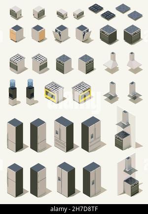Vector isometrische große Küchengeräte. Große elektrische Haushaltsgeräte. Gefrierschrank, Kühlschrank, Wasserkühler, Küchenherd Stock Vektor