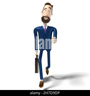 Hipster Zeichentrickfigur Geschäftsmann läuft mit einer Aktentasche - 3D Illustration Stockfoto