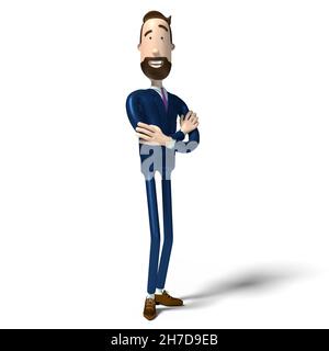 Hipster Zeichentrickfigur Geschäftsmann stehend in Stolz / Chef Pose - 3D Illustration Stockfoto