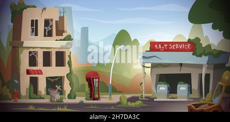 Hintergrund der Apokalypse. Krieg beschädigte Stadt zerstörerische städtische Ruinen nach dem Weltuntergang. Exact Vektor Cartoon Konzept Bild Stock Vektor