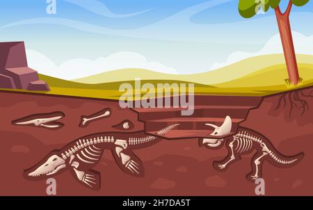 Archäologische Ausgrabungen. Dinosaurier Knochen Skelett unterirdischen Artefakte versteinerte Werke historischen Cartoon Hintergrund genaue Vektor Archäologie Konzept Stock Vektor