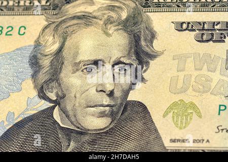 Nahaufnahme der 20-Dollar-Rechnung. Porträt von Präsident Andrew Jackson auf der US-amerikanischen 50-Dollar-Banknote. Stockfoto