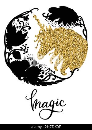 Vektor Silhouette von schönen Einhorn mit Fantasy-Blumen in Kreis Zusammensetzung. Goldene und schwarze Silhouette Vorlage Illustration isoliert auf weiß Stock Vektor