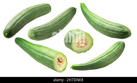 Armenisch gestreifte Gurke (Cucumis melo var. flexuosus pepo fruit) isoliert Stockfoto