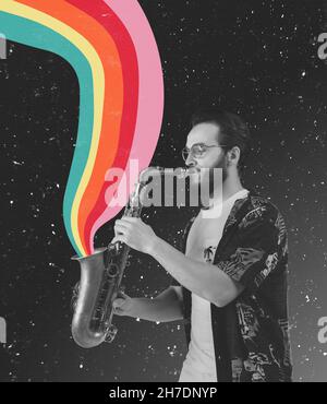 Zeitgenössische Kunstcollage, modernes Design. Retro-Style. Stilvoller Hipster, Mann, der Saxophon auf grauem Hintergrund spielt Stockfoto
