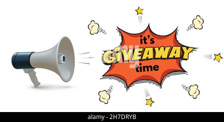 Megaphon mit Giveaway Sprachalarm Blase Vektor Illustration. Realistische 3D Megaphon und seine Give-Away-Time-Text im Banner der Pop-Art-Stil, Ansager Stock Vektor