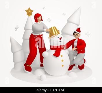 Making a Snowman - bunte 3D Stil Illustration mit Cartoon-Charakter. Fröhliches Mädchen und Junge Formen zusammen eine Figur aus dem Schnee. Tannenbäume, golde Stockfoto