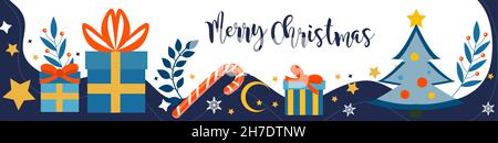 Frohe Weihnachten und ein glückliches neues Jahr Banner, Grußkarte, Poster, Weihnachtscover Stock Vektor