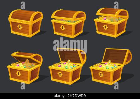 Treasures Truhe Animation. Schatzkiste animierte Rahmen, goldene Schatzmeister Spind Öffnung, Goldgeld alten Holz Fall für Spiele ordentlich Vektor-Illustration. Offene Box mit Schatzanimation Stock Vektor