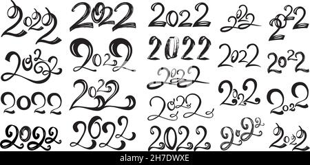 Set 21 Stück Schwarz kalligrafische Zahlen 2022 Jahr der kommenden Silvester des Tigers - Vektor-Illustration Stock Vektor