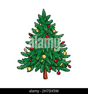 Handgezeichneter geschmückter Weihnachtsbaum. Vektorgrafik Stock Vektor