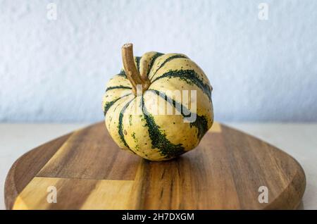 Ein einzelner grüner und weißer Deko-Kürbis auf einem Holzbrett Stockfoto