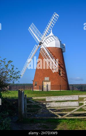 Halnaker Mill ist eine alte, stillgelegte Windmühle mit vier Segeln, die einst für Mais verwendet wurden und auf dem Halnaker Hill in der Nähe von Chichester, West Sussex, England, sitzt. Stockfoto