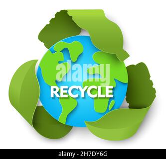 Grünes Recycling-Zeichen, Planet Erde Globus, Vektor-Papier geschnitten Illustration. Recycling, Weltumwelttag, rette den Planeten. Stock Vektor