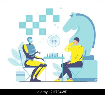 Robotermaschine und Mann spielen Schach, Strategie-Brettspiel, flache Vektor-Illustration. Überlegene Roboter. AI vs. Mensch. Stock Vektor