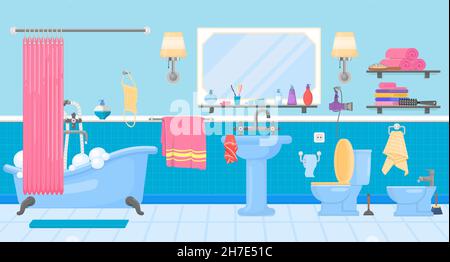 Cartoon Badezimmer Innenausstattung. Hotelbadewanne, Schrank mit Waschbecken und Spiegel. Toilettenmöbel, Hygienedusche. Home Zimmer mit Keramikfliesen anständigen Vektor Stock Vektor