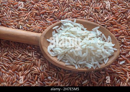 Ein Löffel Basmati-Reis auf rotem Reis (siehe oben) Stockfoto
