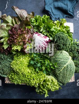 Eine Kiste mit wirsing, Petersilie, Thymian, Lollo, Grünkohl, Salat mit Eichenblättern und Radicchio Stockfoto