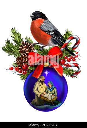 Weihnachtsgeschichte. Weihnachten, Maria, Josef und das Kind Jesus, Sohn Gottes, Weihnachten dekorative Spielzeug mit roter Schleife auf weißem Hintergrund, ar Stockfoto